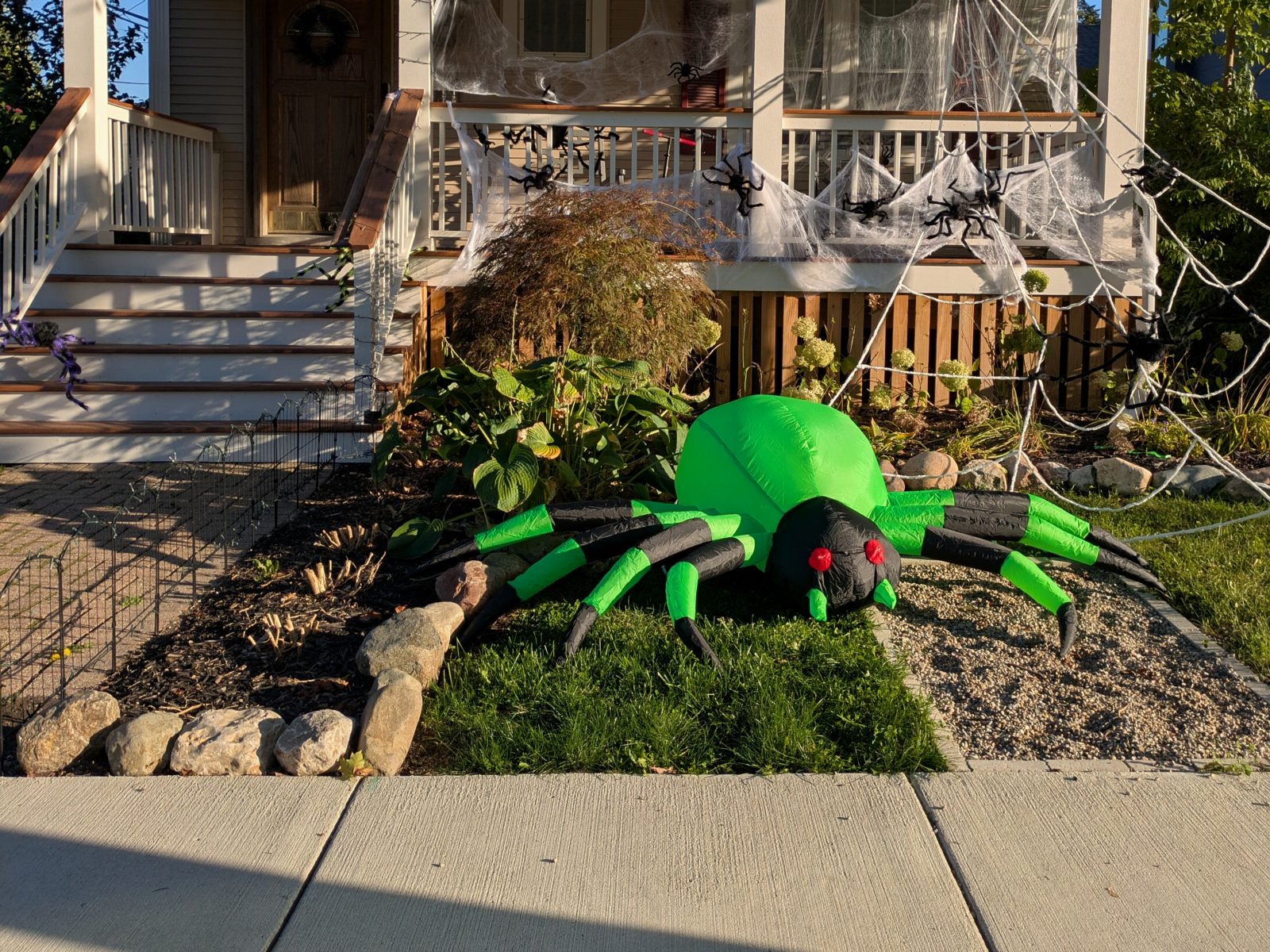 A giant green-and-black inflatable spider sitting on a narrow strip of front lawn in late afternoon sun, with cotton webbing and small black spiders strung along the porch railing behind it.