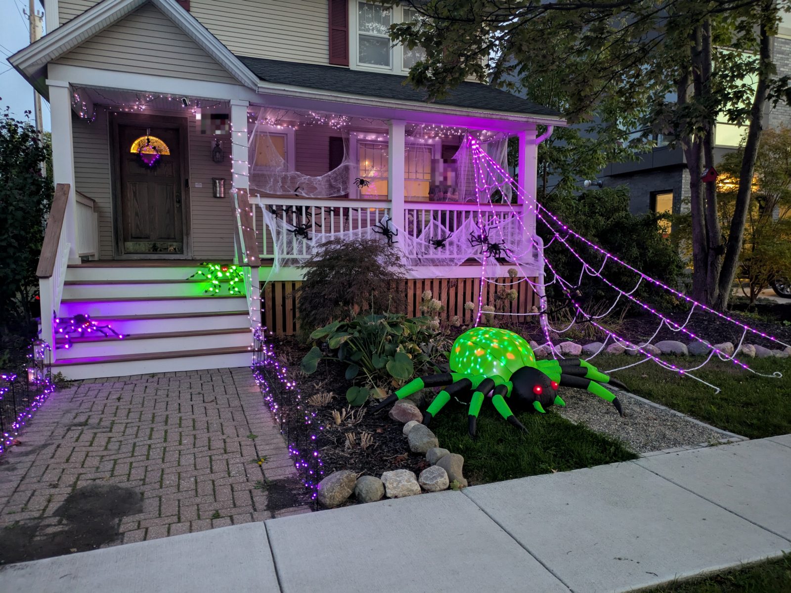 The same yard at dusk with the lights on: purple string lights outlining the porch and path, green uplight on the steps, and a rope web running from the porch roof down to the verge.